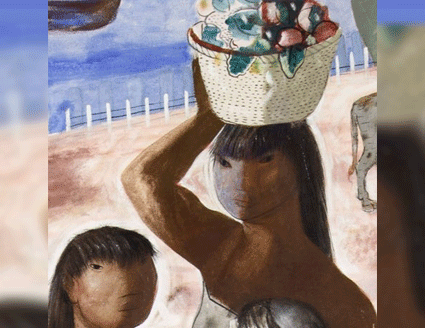 Detail from a mural showing a native girl carrying a white basket of produce on here head.