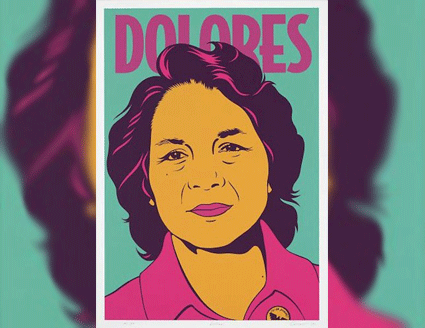 Detail from a portrait of Dolores Huerta. She wears a pink shirt and a United Farm Workers pin. The name Dolores fills the top of the page and is written in bright pink letters.