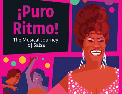 Musical Journey of Salsa promotional poster–hot pink background with asemetrical blue panels featuring stylized images of a performer in a sequined gown and bee hive hair do with two smiling salsa dancers in the background.