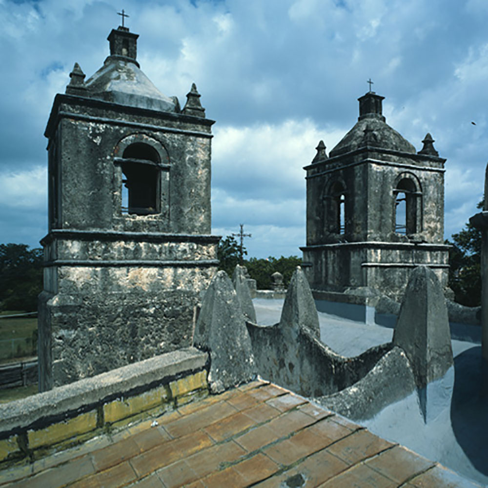 Front towers, looking northwest, taken from roof. Duplicate color view of HABS TX-319-A-2 - Mission Senora de la Purisima Concepcion, Church, 807 Mission Road, San Antonio, Bexar County, TX