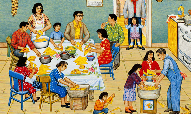 Lithograph displaying a family making tamales in a kitchen.