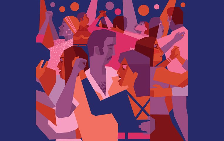 Musical Journey of Salsa promotional poster–hot pink background with asemetrical blue panels featuring stylized images of a performer in a sequined gown and bee hive hair do with two smiling salsa dancers in the background.